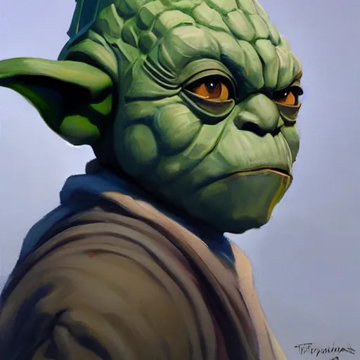 Image similar to greg manchess portrait painting of armored yoda as overwatch character, medium shot, asymmetrical, profile picture, organic painting, sunny day, matte painting, bold shapes, hard edges, street art, trending on artstation, by huang guangjian and gil elvgren and sachin teng