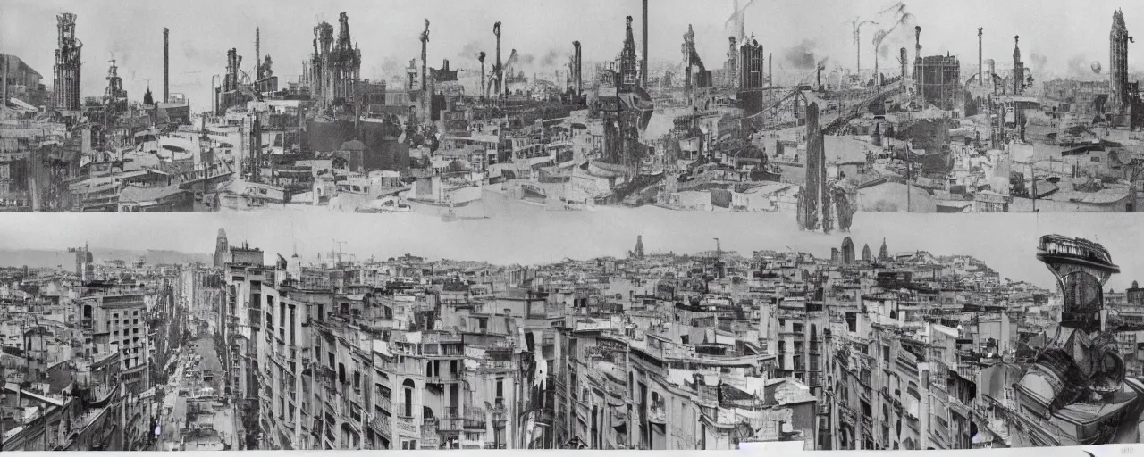 Image similar to barcelona in 1 9 1 8, retrofuturism, steampunk, gothic quarter, modernist buildings, art deco, footbridges between houses, steam pipes, hyper detailed