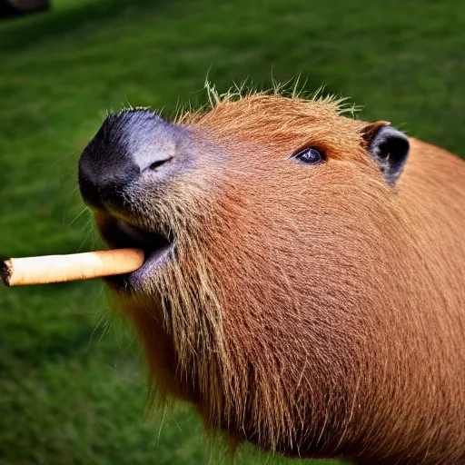 Prompt: an accurate capybara wearing a business suit and smoking a cigar in his mouth