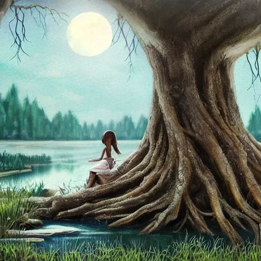 Image similar to a girl in a white dress looks up at the moon while sitting on the roots of an ancient tree next to a pond, the moon can be glimpsed, a towering forest surrounds the pond, high fantasy, dark fantasy, night time, ultra detailed, realistic painting