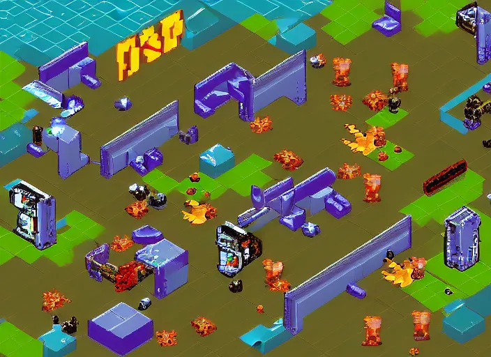 Image similar to isometric Shoot ’em up shmup, Twin-stick shooter, shmup, Run and gun, pixel graphics, pixel art, retro tube