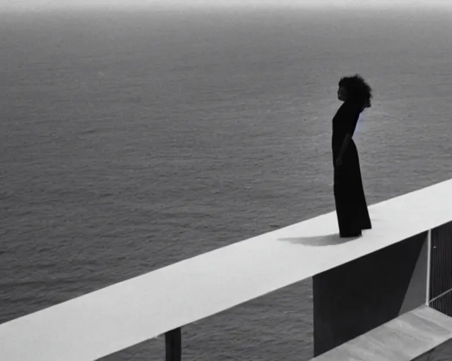 Image similar to a still of a young woman standing on a huge concrete white deck, high above the ground, of a minimalist brutalist beach house, outside view, low angle, clear sky and background, in the music video Wrapped Around your Finger (1983)