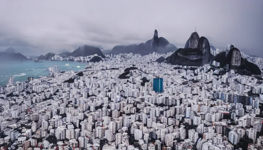 Image similar to the city of rio de janeiro covered in snow, winter photograph, snowing, view from copacabana beach, 4 k, award winning photograph, beautiful, trending on instagram