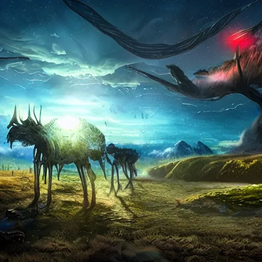 Prompt: landscape image with various different alien animals, extremely detailed digital matte painting, clear skies, night, vibrant, stunning lighting.