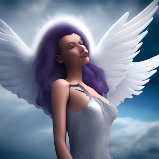 Prompt: a beautiful woman with angel wings a cloudy background, 3 d render octane, trending on artstation