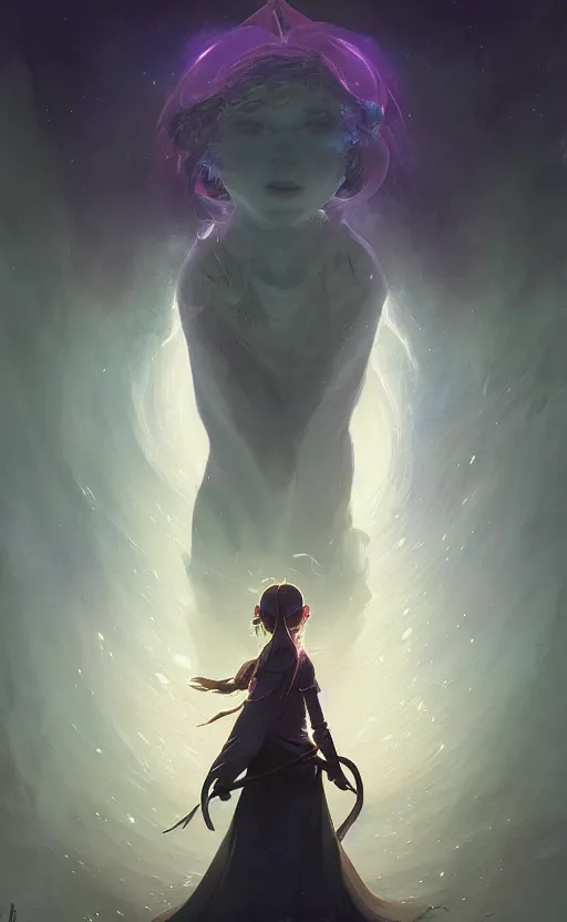 Image similar to a mystical girl sorcerer stepping out of the void, portal to another dimension, evocative, mystical night, very detailed, award winning, masterpiece digital painting by greg rutkowski, alex grey, artstation, studio ghibli, breath of the wild, rossdraws, wlop