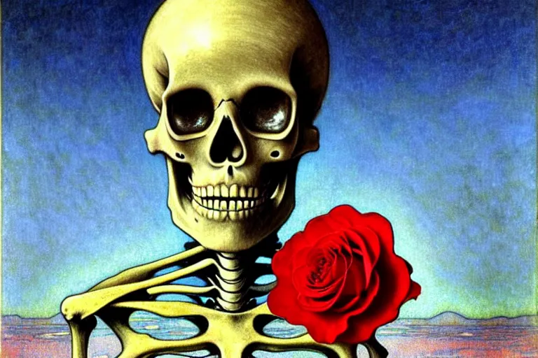 Image similar to realistic detailed portrait painting of a skeleton with a single rose wearing sci-fi helmet in a dystopian landscape by Jean Delville, Amano, Yves Tanguy, Alphonse Mucha, Ernst Haeckel, Edward Robert Hughes, Roger Dean, rich moody colours, blue eyes