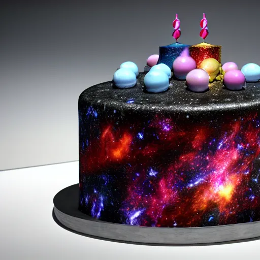 Prompt: a birthday cake made of galaxies, nebulas and suns, space photography, concept art, octane render, unreal engine 5, highly detailed, high quality, 8 k, soft lighting,