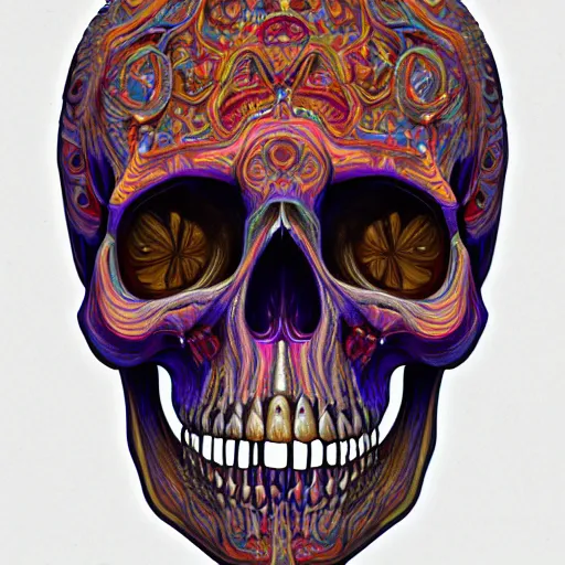 Image similar to An extremely psychedelic portrait of a skull, surreal, LSD, face, detailed, intricate, elegant, lithe, highly detailed, digital painting, artstation, concept art, smooth, sharp focus, illustration