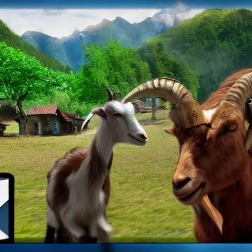 Image similar to goat monster attacks a small village, cinematic, midday, hd