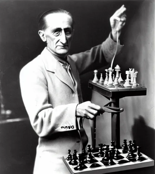 Prompt: marcel duchamp holding up a chess - piece wire - machine, a surrealist painting by marcel duchamp, complex artificial - intelligence machinery, flickr contest winner, studio portrait, 1 9 2 0 s