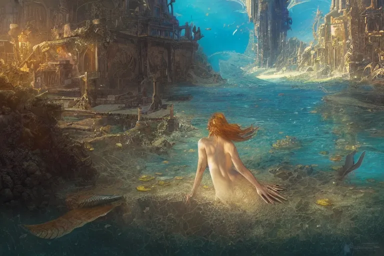 Image similar to a scenic landscaping view of the lost and abandoned city of Atlantic under water, ray of sunlight, mermaids in distance, Greg Rutkowski, Moebius, Mohrbacher, Mucha, blue and gold color scheme, ultra wide angle, ultra detailed, light effect