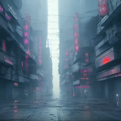 Prompt: ra matte painting about a misty, cyberpunk chinese city burned in because of techno - techpunk themed art. style of blade runner 2 0 4 9. trending on zette with piotr jabłonski and