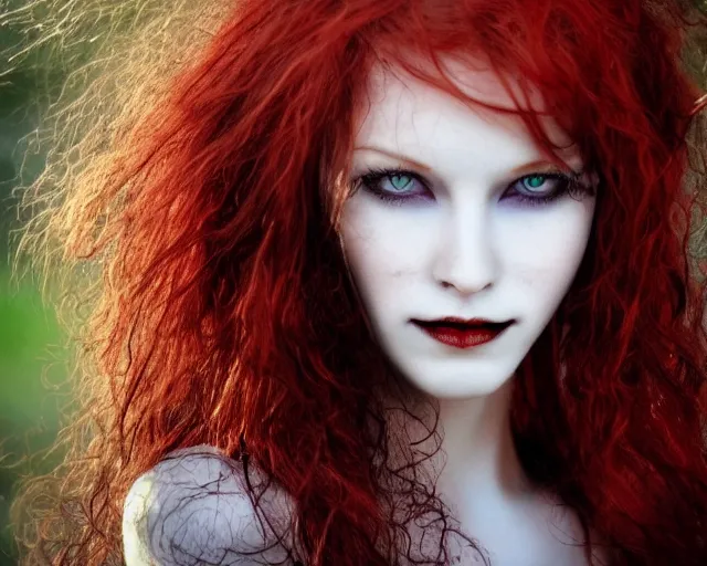 Prompt: award winning 5 5 mm close up face portrait photo of an anesthetic and beautiful redhead vampire lady who looks directly at the camera with bloodred wavy hair, intricate eyes that look like gems and long sharp fangs, in a park by luis royo. rule of thirds.
