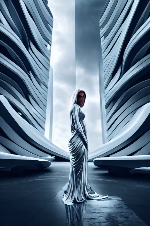 Prompt: a futuristic scene with an log silver haired beautiful woman in a white flowing dress, in front of a zaha hadid building, cinematic matte painting, extreme detail photo quality, dark moody colors, featured on behance