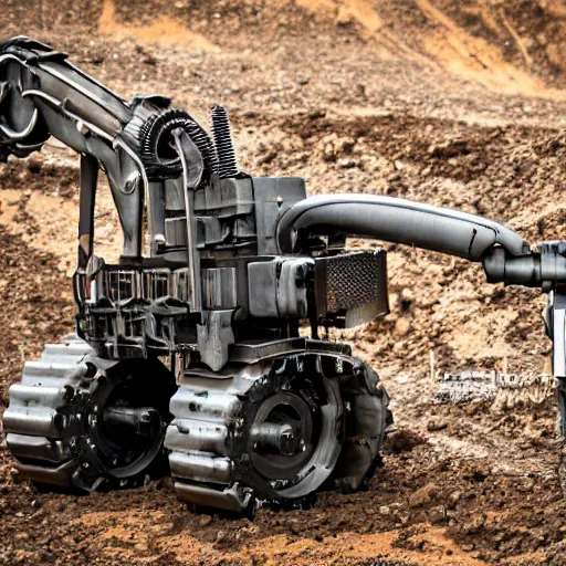 Image similar to giant scary treaded mining robot with drill, mining scrap metal, highly detailed body, retro, industrial, dark, dystopian, apocalyptic, clean, 8 5 mm f / 1. 4