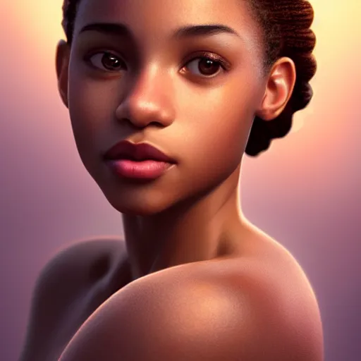 Image similar to a photorealistic hyperrealistic, bright brown eyes, light skinned african american young girl, ponytail hair, flawless face, beautiful lips, cute face, gorgeous white veil, by wlop, artgerm, greg rutwoski, alphonse mucha, beautiful dynamic dramatic low - light moody lighting, cinematic atmosphere, artstation, concept design art, octane render, 8 k