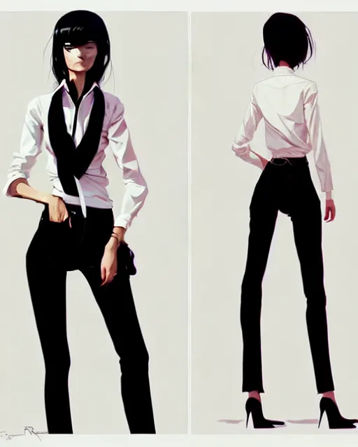 Image similar to a ultradetailed beautiful panting of a stylish woman, she is wearing a white shirt with a tie and black pants, by conrad roset, greg rutkowski and makoto shinkai trending on artstation