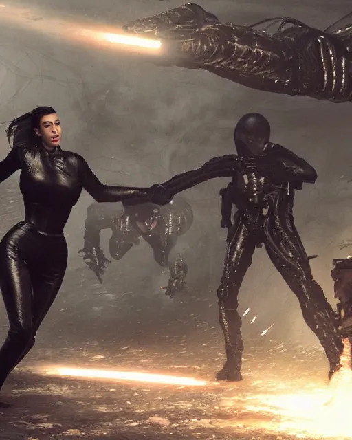 Prompt: A photo still of kim kardashian being tackled to the ground by aliens in resident evil, highly detailed, artstation, concept art, sharp focus, illustration, cinematic lighting, wide-shot.