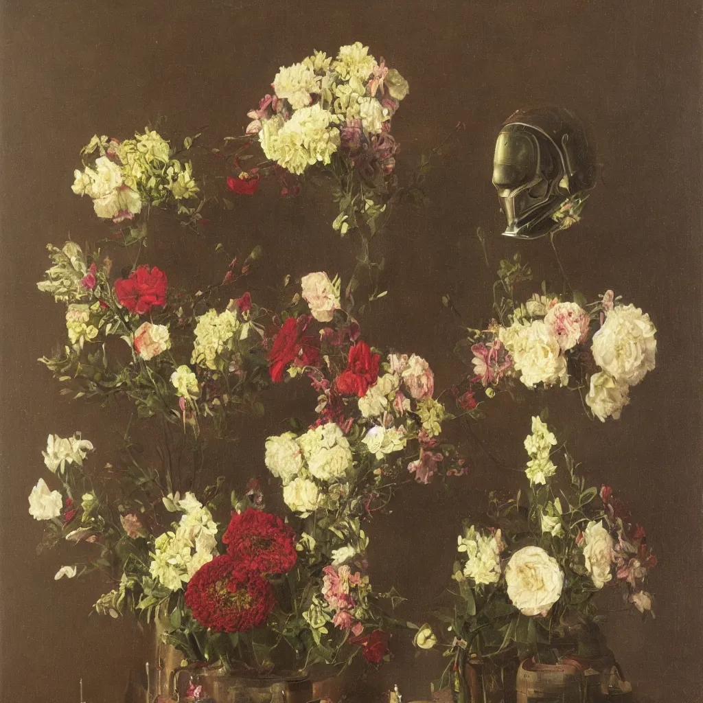 Prompt: A still life of Iron Man\'s helmet and a vase full of flowers, by Sientje Mesdag Van Houten