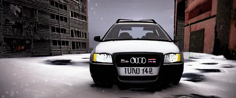 Prompt: Audi A4 B6 Avant (2002), a gritty neo-noir, dramatic lighting, cinematic, eerie person, death, homicide, homicide in the snow, viscera splattered, gunshots, bullet holes, establishing shot, extremely high detail, cracked windows, photorealistic, arson, makeshift grave, cinematic lighting, artstation, by simon stalenhag, Max Payne (PC) (2001) winter New York at night, In the style of Max Payne 1 graphic novel, flashing lights, Poets of the Fall - Late Goodbye