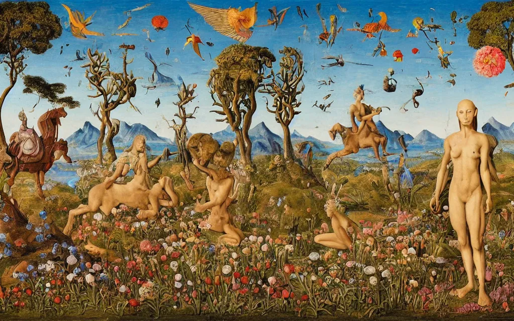 Image similar to a portrait photograph of a meditating sphinx and a centaur king riding birds at a river delta. surrounded by bulbous flowers, animals, trees. mountain range under a vast blue sky of burning stars. painted by jan van eyck, max ernst, ernst haeckel and ernst fuchs, cgsociety, artstation, fashion editorial, 8 k