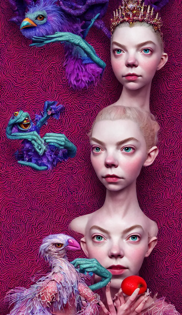 Image similar to hyper detailed 3d render like a Oil painting - kawaii portrait of two Aurora (a beautiful skeksis muppet fae queen from dark crystal that looks like Anya Taylor-Joy) seen red carpet photoshoot in UVIVF posing in scaly dress to Eat of the Strangling network of yellowcake aerochrome and milky Fruit and His delicate Hands hold of gossamer polyp blossoms bring iridescent fungal flowers whose spores black the foolish stars by Jacek Yerka, Ilya Kuvshinov, Mariusz Lewandowski, Houdini algorithmic generative render, Abstract brush strokes, Masterpiece, Edward Hopper and James Gilleard, Zdzislaw Beksinski, Mark Ryden, Wolfgang Lettl, hints of Yayoi Kasuma and Dr. Seuss, octane render, 8k