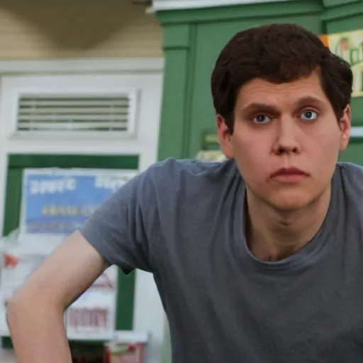 Image similar to Live Action Still of Jerma in Superbad, real life, hyperrealistic, ultra realistic, realistic, highly detailed, epic, HD quality, 8k resolution, body and headshot, film still