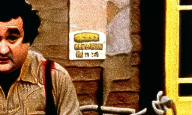 Prompt: full - color cinematic movie still from the 1 9 8 4 film ghostbusters starring john belushi as a ghostbuster stalking a beer - drinking ghost in new york. detailed facial - features ; supernatural ; action ; comedy.