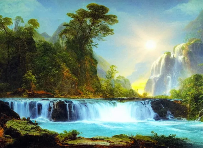 Image similar to epic waterfall planetscape, glowing river scene, serene mood, in style of frederic edwin church