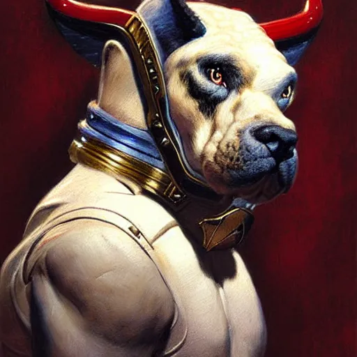 Image similar to a portrait of a bull dogman canine star trek captain. highly detailed painting by gaston bussiere, craig mullins, j. c. leyendecker, furry