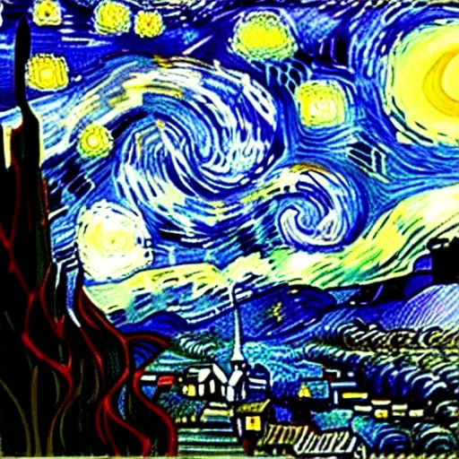 Prompt: starry night with a tardis exploding in the sky by van gough