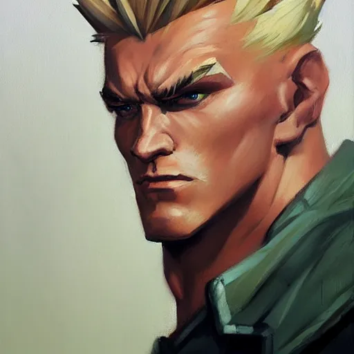 Image similar to greg manchess portrait painting of guile from street fighter as overwatch character, medium shot, asymmetrical, profile picture, organic painting, sunny day, matte painting, bold shapes, hard edges, street art, trending on artstation, by huang guangjian and gil elvgren and gerald brom