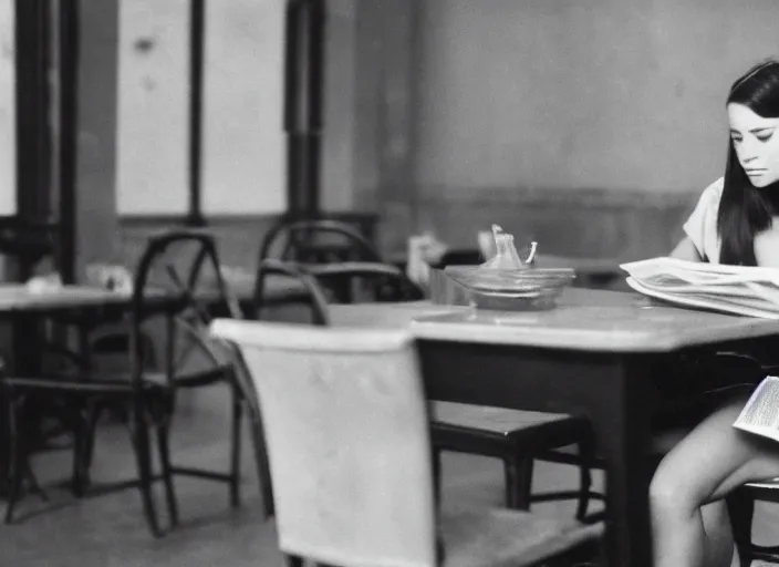 Prompt: film still. young woman. sitting at a table. reading a newspaper. in public cafeteria. extremely detailed. 4 k.