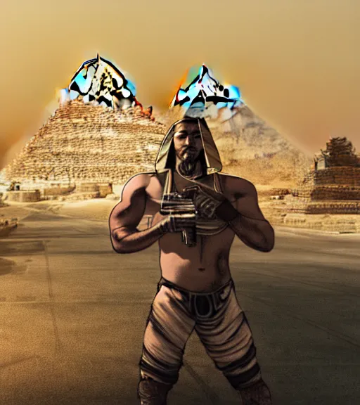 Image similar to a beefy man with a machine gun, egyptian pyramid in the background, 4 k, sharp focus, illustration, highly detailed, cinematic, photorealistic, cyberpunk