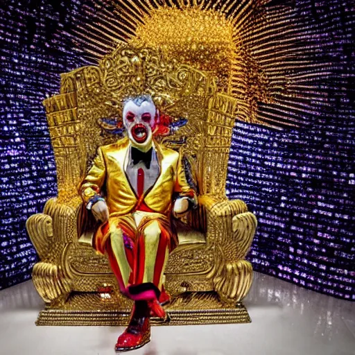 Image similar to shining throne made of millions of diamonds, gold and zaphires with thousands of light reflections, and a clown on a tuxedo suit is sitting on the throne while handing a golden balloon, dramatic light