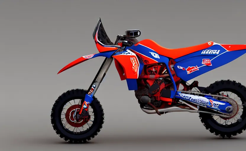 Image similar to prototype of dakar motorbike, dakar race, sand and desert in background, symmetrical mechanical features, off - road, designed by professional, fog and dirt, industrial design, brushed red and blue paint, hard surfaces modelling, dramatic lighting, hyper realistic rendering, octane, depth of field, bokeh effect, 4 k