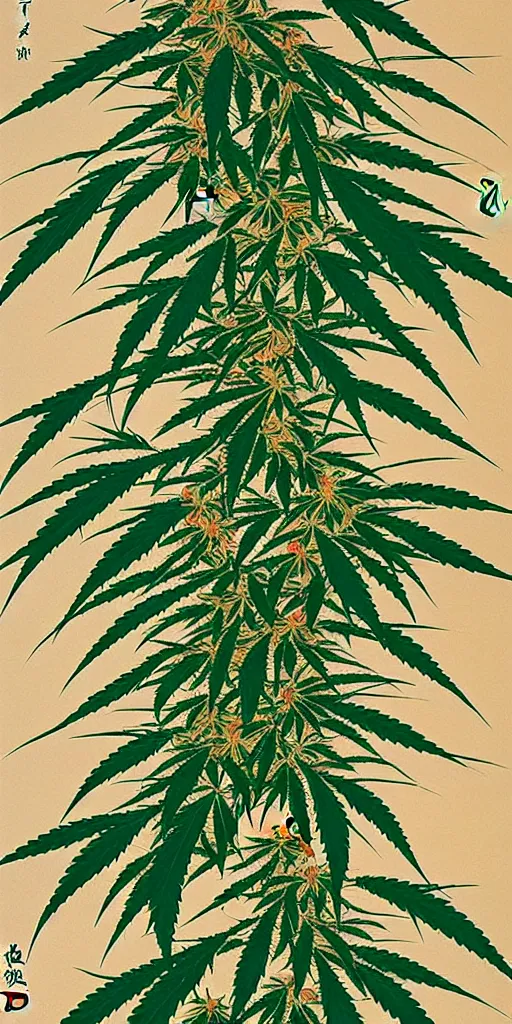 Prompt: A modern fine-art Chinese shanshui painting of cannabis tree with dank buds ready to harvest, full of amber trichome