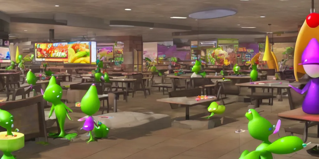 Prompt: pikmin inside of taco bell, realistic, found footage