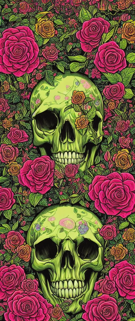 Prompt: ortographic view of a large skull and psychedelic roses with a forest background by Jen Bartel and Dan Mumford and Satoshi Kon, gouache illustration