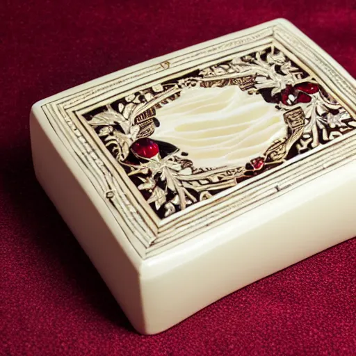 Prompt: carved ivory box with inlaid rubies, studio photography, black background