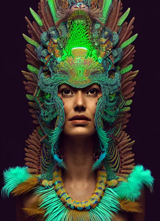 Image similar to 3 d mexican goddess profile portrait. beautiful intricate highly detailed quetzalcoatl mask and feathers. low - key lighting, bioluminescent, plasma, lava, ice, water, wind, creature, artwork by tooth wu and wlop and beeple and lee jeffries, 8 k trending on artstation,