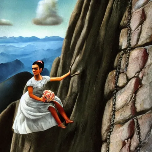 Image similar to Ultra realistic close-up of Frida Kahlo in a wedding dress rock climbing a steep wall, hd