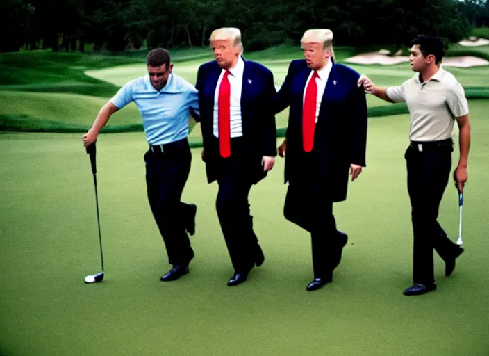 Prompt: criminal Donald Trump taken away by two young FBI agents at golf course, photo by Alex Webb