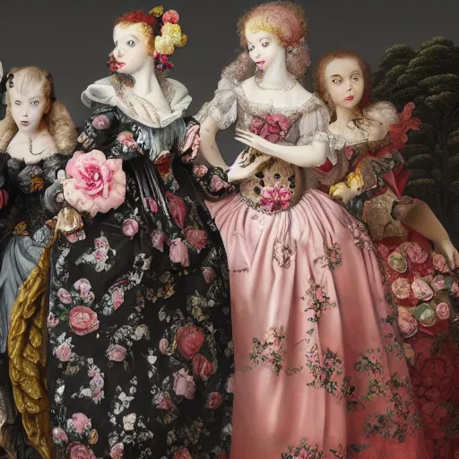 Image similar to 8k, realism, renaissance, rococo, baroque, group of creepy young ladies wearing renaissance long harajuku manga dress with flowers and skulls, background chaotic flowers