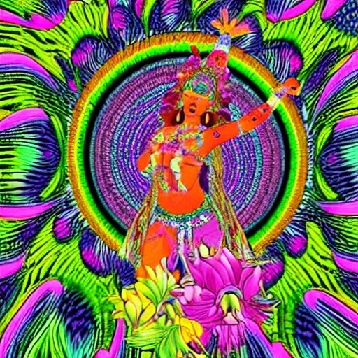 Image similar to the goddess of psychedelics dancing in a vortex made of flowers