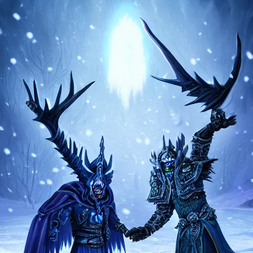 Prompt: the lich king with sindragosa on a frozen battlefield trending on artstation