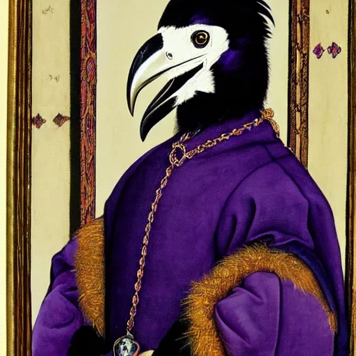 Prompt: a highly detailed painting of a raven dressed as an elegant tudor gentleman, in a lavish purple medieval room, by hans holbein