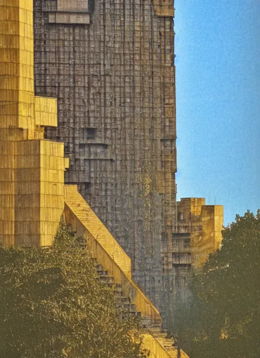 Prompt: colored photo, the tower of babylon, waterfall out of windows, brutalist