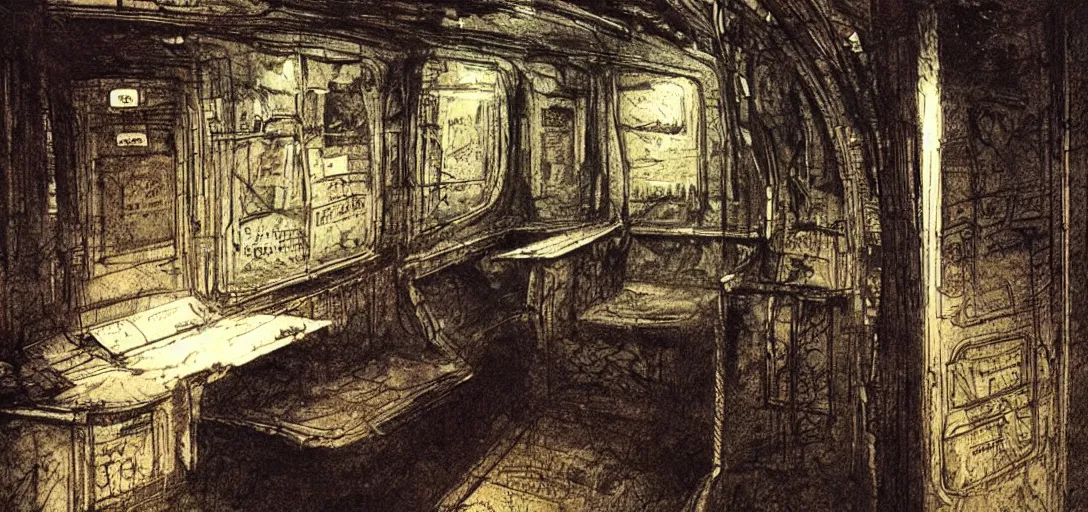 Prompt: an open book on a subway seat with ink bleeding out from the pages, by grimshaw, detailed, concept art